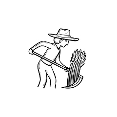 Image showing Man mowing grass hand drawn sketch icon.