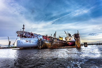 Image showing Two large ships in dry repair dock