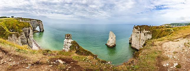 Image showing Panorama of natural chalk cliffs of Etretat