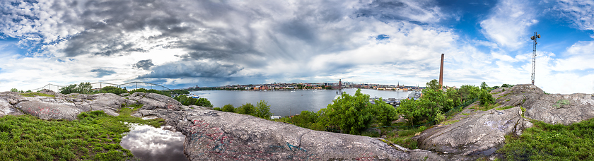Image showing Panoramic Stockholm skyline view from Skinnarviksberget rock