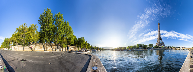 Image showing Panorama of the Eiffel Tower and riverside of the Seine in Paris