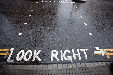 Image showing Look Right warning at a pedestrian crossing in a London street