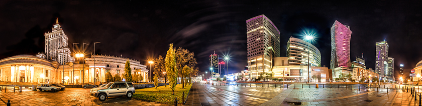 Image showing Night skyline of Warsaw with soviet era and modern skyscrapers. 