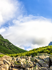 Image showing Polish Tatra mountains summer landscape with blue sky and white clouds.