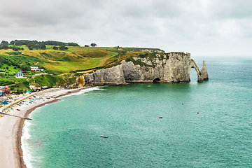 Image showing Panorama of natural chalk cliffs of Etretat