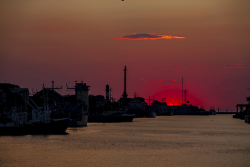 Image showing Sea port silhouette in the sunset, Liepaja, Latvia