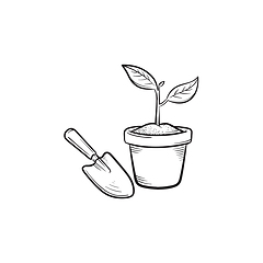 Image showing Garden trowel and pot hand drawn sketch icon.