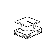 Image showing Graduation cap on book hand drawn sketch icon.