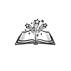 Image showing Open magic book with stars hand drawn sketch icon.