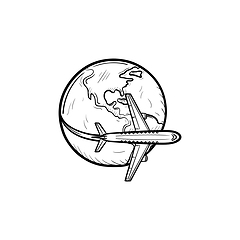 Image showing Airplane flying around the world hand drawn icon.