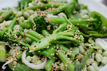 Image showing Broccolini, French beans and fava beans in a fresh salad