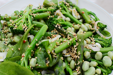 Image showing Tasty spring salad of broccoli, asparagus and beans