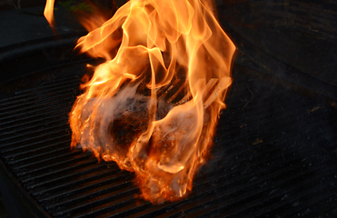 Image showing Rack of lamb engulfed in flames on a hot grill