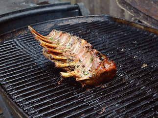 Image showing Grilled single rack of lamb on an outside grill