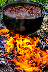 Image showing Cooking soup in a pot on campfire.