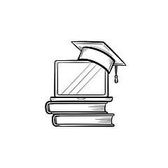 Image showing Graduation cap on book and laptop hand drawn icon.