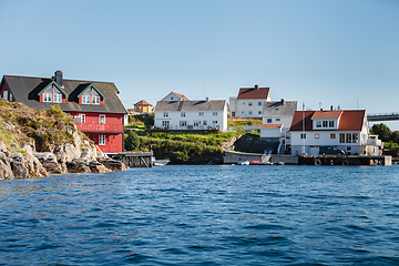 Image showing view on norwegian fjord with houses along coastline