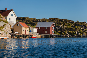 Image showing view on norwegian fjord with houses along coastline