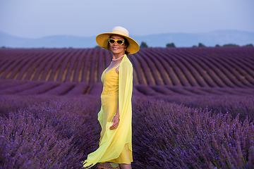 Image showing asian woman in yellow dress and hat at lavender field