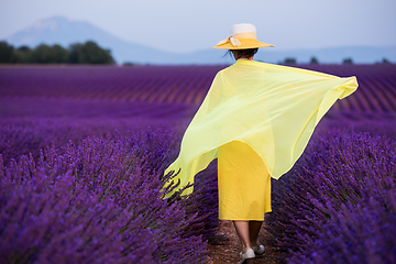 Image showing asian woman in yellow dress and hat at lavender field