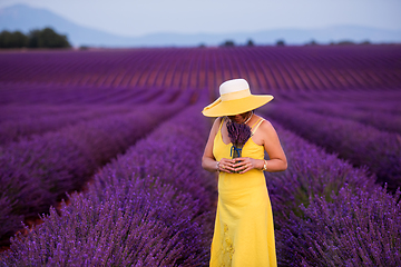 Image showing asian woman in yellow dress and hat at lavender field