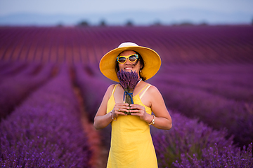 Image showing asian woman in yellow dress and hat at lavender field