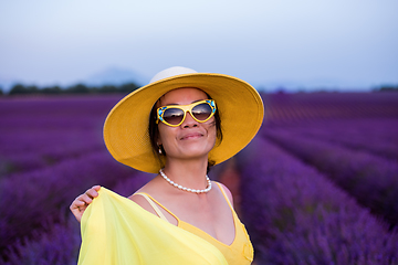 Image showing asian woman in yellow dress and hat at lavender field