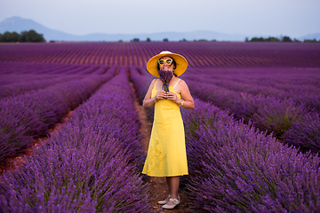 Image showing asian woman in yellow dress and hat at lavender field