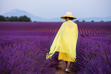 Image showing asian woman in yellow dress and hat at lavender field