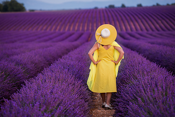 Image showing asian woman in yellow dress and hat at lavender field