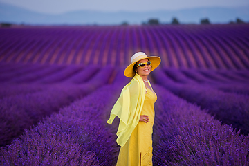 Image showing asian woman in yellow dress and hat at lavender field