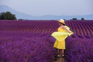 Image showing asian woman in yellow dress and hat at lavender field