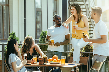 Image showing Young group of friends drinking beer and celebrating together