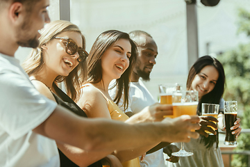 Image showing Young group of friends drinking beer and celebrating together