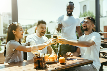 Image showing Young group of friends drinking beer and celebrating together