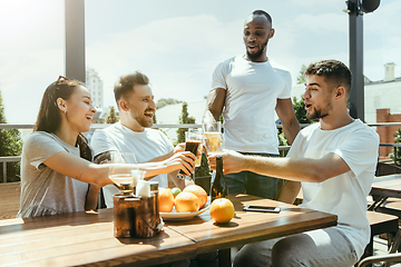 Image showing Young group of friends drinking beer and celebrating together