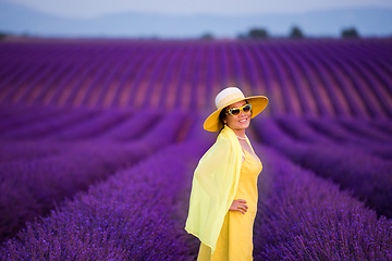 Image showing asian woman in yellow dress and hat at lavender field