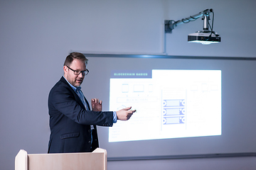 Image showing successful businessman giving presentations at conference room