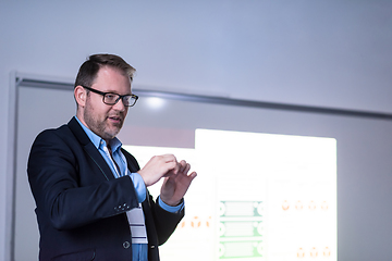 Image showing successful businessman giving presentations at conference room