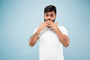 Image showing Half-length close up portrait of young man on blue background.