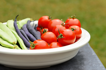 Image showing Calypso and French beans in a dish with ripe tomatoes