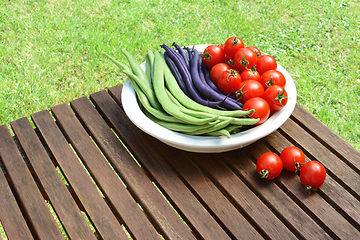 Image showing Calypso beans and French beans in a dish with tomatoes