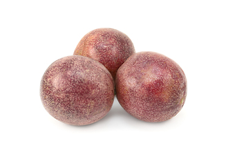 Image showing Three whole passion fruits with speckled purple skins