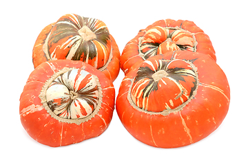 Image showing Four Turks Turban ornamental gourds with striped centres