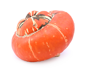 Image showing Deep orange turban squash in profile with colourful, striped cen
