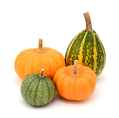 Image showing Green ornamental gourds and orange Jack Be Little mini pumpkins