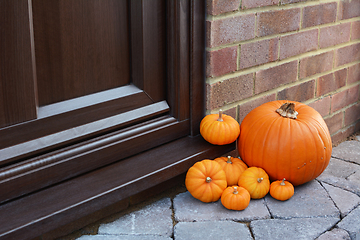 Image showing Large orange pumpkin and mini pumpkins as seasonal decorations