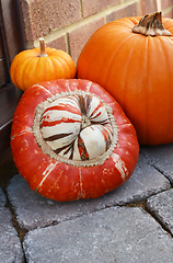 Image showing Striped Turks Turban gourd and pumpkins on a doorstep 