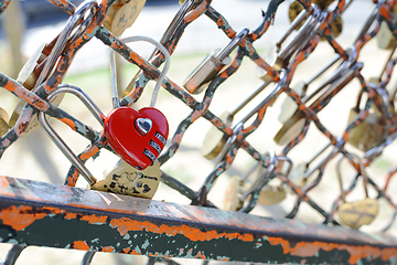 Image showing Red heart-shaped combination padlock fastened to metal fence 