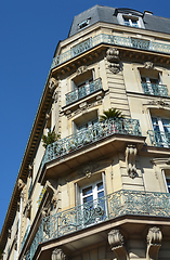 Image showing Ornate cast iron balconies on a building in Paris 